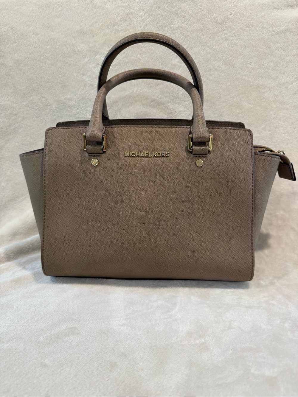 Michael Kors Taupe Brown Saffiano Satchel with Gold Hardware